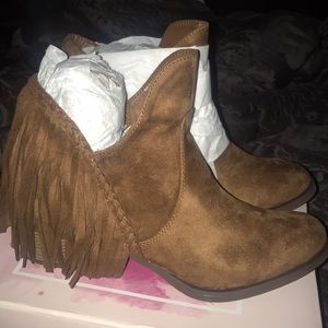 Faux suede brown fringe booties